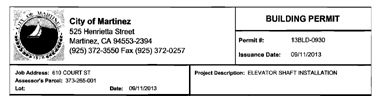 Building permit for elevator shaft