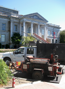 A hot tar kettle is set up.