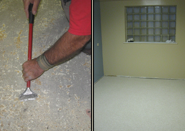 The floor in the break room is removed and a new floor laid down.